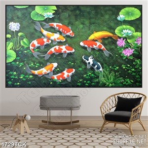 Tranh in uv đàn cá koi sơn dầu trong hồ nước trong xanh Tranh in uv đàn cá koi sơn dầu trong hồ nước trong xanh