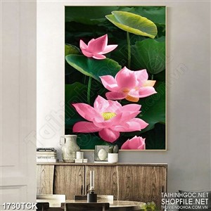 Tranh nghệ thuật sơn dầu hoa sen hồng trên nền lá xanh