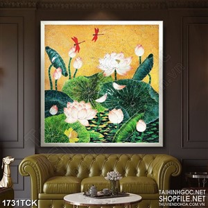 Tranh in canvas sơn dầu hoa sen trắng dưới ánh trăng đêm