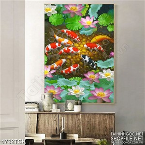 Tranh đá cuội vàng dưới hồ sen và cá chép sơn dầu in 3d