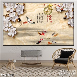 Tranh psd những bông hoa trắng trên mặt hồ cá chép