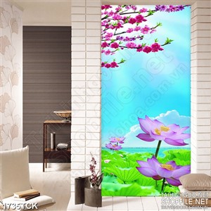 Tranh cành đào nở rộ trên hồ hoa sen sơn dầu dán tường
