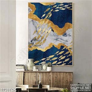 Tranh decor sơn dầu cá chép bay trên trời dáp vàng