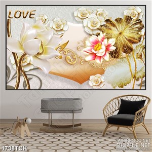 Tranh in uv bông sen giả ngọc bên lá sen dáp vàng