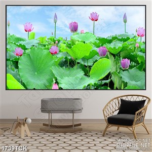 Tranh nghệ thuật sơn dầu hoa sen chen chúc lá trong hồ