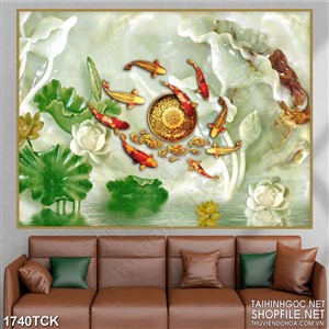 Tranh in canvas cá chép vàng bên đầm sen giả ngọc Tranh in canvas cá chép vàng bên đầm sen giả ngọc