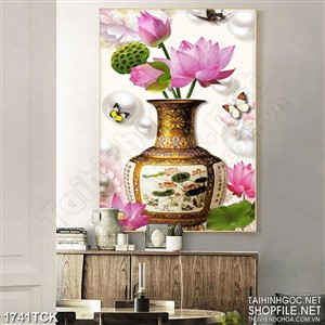 Tranh sơn dầu hoa sen hồng trong bình hoa dáp vàng in 3d