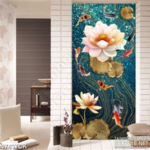 Tranh treo tường bông sen hồng trên mặt hồ cá chép
