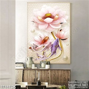 Tranh dán tường sơn dầu cá chép bên bông sen hồng