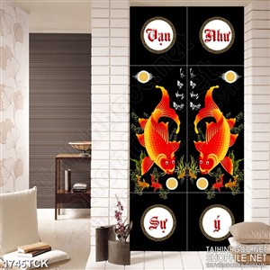 Tranh decor sơn dầu cá chép vàng trong đêm trăng