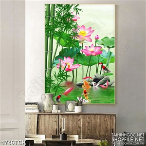 Tranh trang trí rừng trúc xanh bên hồ cá chép sơn dầu