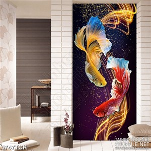 Tranh đôi cá sim betta bên làn nước vàng in uv treo tường