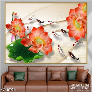 Tranh nghệ thuật bông sen giả sơn dầu bên đàn cá koi