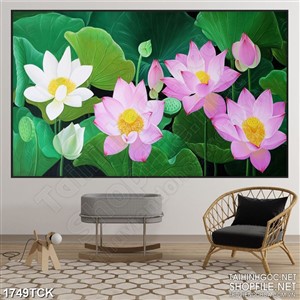 Tranh in canvas những bông sen hồng bên lá xanh