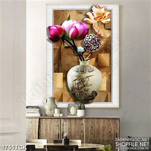 Tranh psd bông sen dáp vàng trong bình gốm sứ