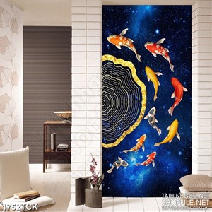 Tranh sơn dầu cá koi trong hồ nước vàng in dán tường