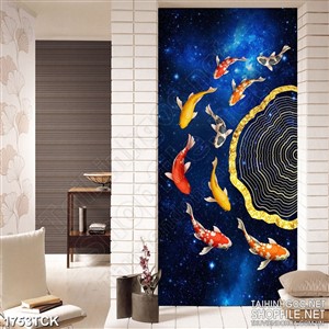 Tranh sơn dầu cá koi trong hồ nước vàng treo tường