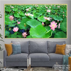 Tranh decor sơn dầu hoa sen chen chúc hoa và lá xanh
