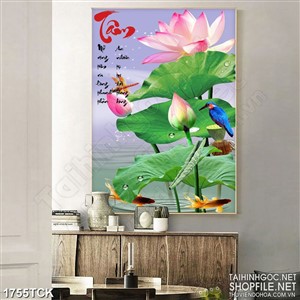 Tranh sơn dầu đôi cá chép vàng dưới tán lá sen  trang trí