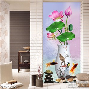 Tranh sơn dầu nhhững bông hoa sen hồng trong bình sứ