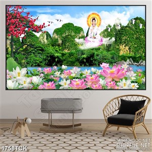Tranh Phật Quan Âm trên hồ sen đầy hoa in canvas