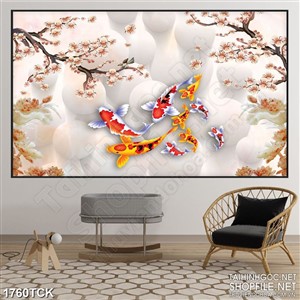 Tranh psd sơn dầu cá koi dưới cành hoa đào giả ngọc