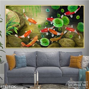 Tranh decor sơn dầu cá koi dưới những chiếc lá sen