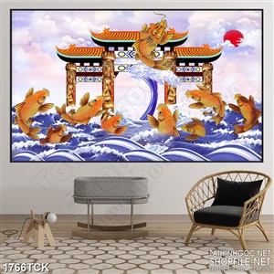 Tranh nghệ thuật cá chép vàng vuợt vũ môn hóa rồng