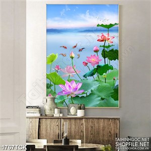 Tranh sơn dầu hoa sen yên tĩnh bên trời xanh in canvas