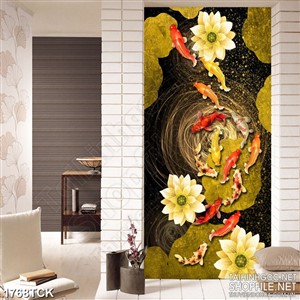 Tranh sơn dầu cá chép vàng trong hồ sen về đêm in 3d