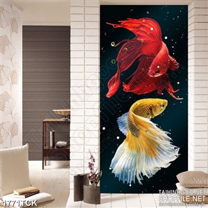Tranh  sơn dầu cá sim betta bên những giọt nước in dán tường