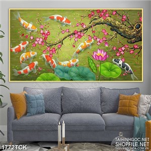 Tranh decor cánh đào rơi trên mặt hồ cá koi sơn dầu