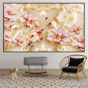 Tranh sơn dầu cá chép vàng bên hoa giả ngọc trang trí