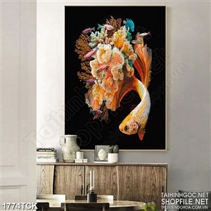 Tranh sơn dầu cá sim betta vàng bên rừng san hô nghệ thuật