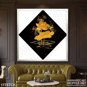 Tranh in canvas bông sen dáp vàng trong hồ về đêm