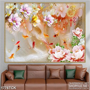 Tranh hoa mẫu đơn bên hồ cá chép vàng sơn dầu in 3d