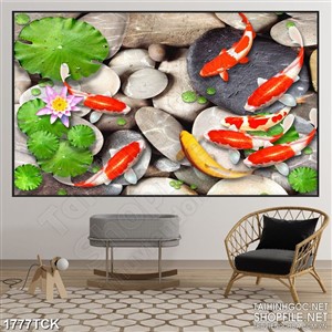 Tranh psd bông hoa súng màu tím bên đàn cá koi sơn dầu