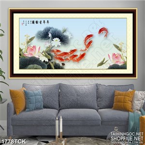 Tranh in treo tường đàn cá chép bên hoa sen sơn dầu Tranh in treo tường đàn cá chép bên hoa sen sơn dầu