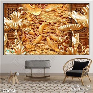 Tranh sơn dầu cá chép trong hồ sen dáp vàng in dán tường