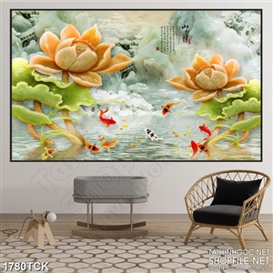 Tranh in uv hoa sen sơn dầu bên đàn cá chép vàng