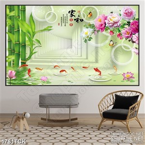 Tranh decor rừng trúc xanh bên hồ cá chép sơn dầu