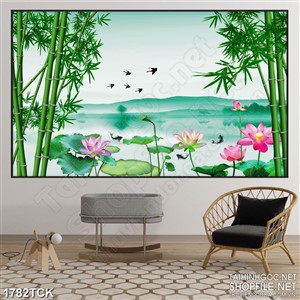 Tranh trang trí đàn chim én bay lượn trên hồ sen sơn dầu