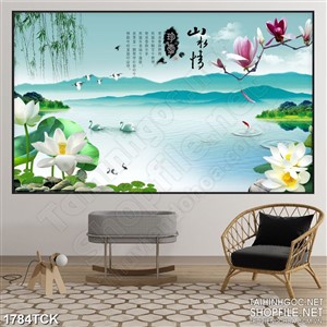 Tranh nghệ thuật những ngọn núi bên hồ sen sơn dầu