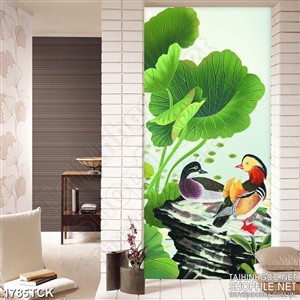 Tranh in canvas đôi vịt trời bên những chiếc lá sen sơn dầu