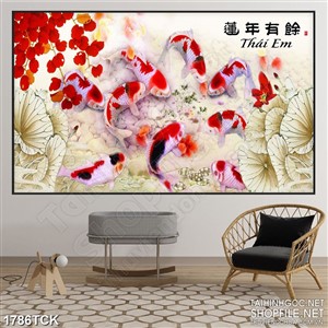 Tranh sơn dầu cá koi dưới những chùm hoa đỏ rực in 3d