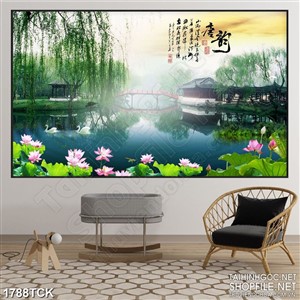 Tranh in treo tường chiếc cầu trên hồ sen sơn dầu đầy hoa Tranh in treo tường chiếc cầu trên hồ sen sơn dầu đầy hoa