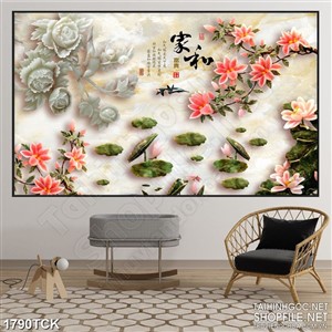 Tranh decor đầm hoa sen bên bông mẫu đơn giả ngọc