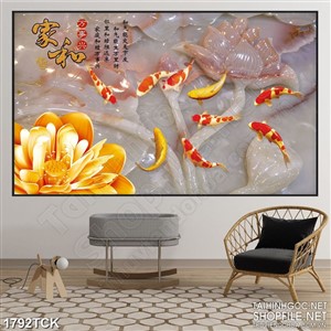 Tranh sơn dầu cá chép bên bông sen vàng in uv treo tường