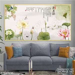Tranh in canvas những bông sen bên đàn cá chép sơn dầu