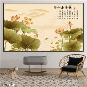 Tranh sơn dầu cá chép trong đầm sen đầy hoa in 3d